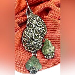 Vintage Oval Scroll Natural Green Stone Dangle Silver Tone Lever Back Earrings